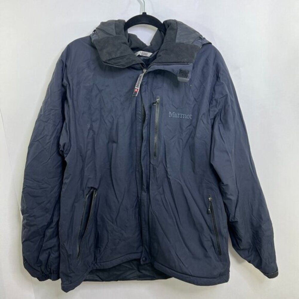 Marmot L Coat Blue‎ Black Windbreaker Rain Jacket Zip Hood Mens Solid Thick